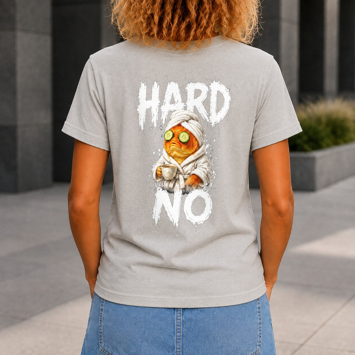 Hard No graphic printed on the back of a grey marble KRED Threads premium tee
