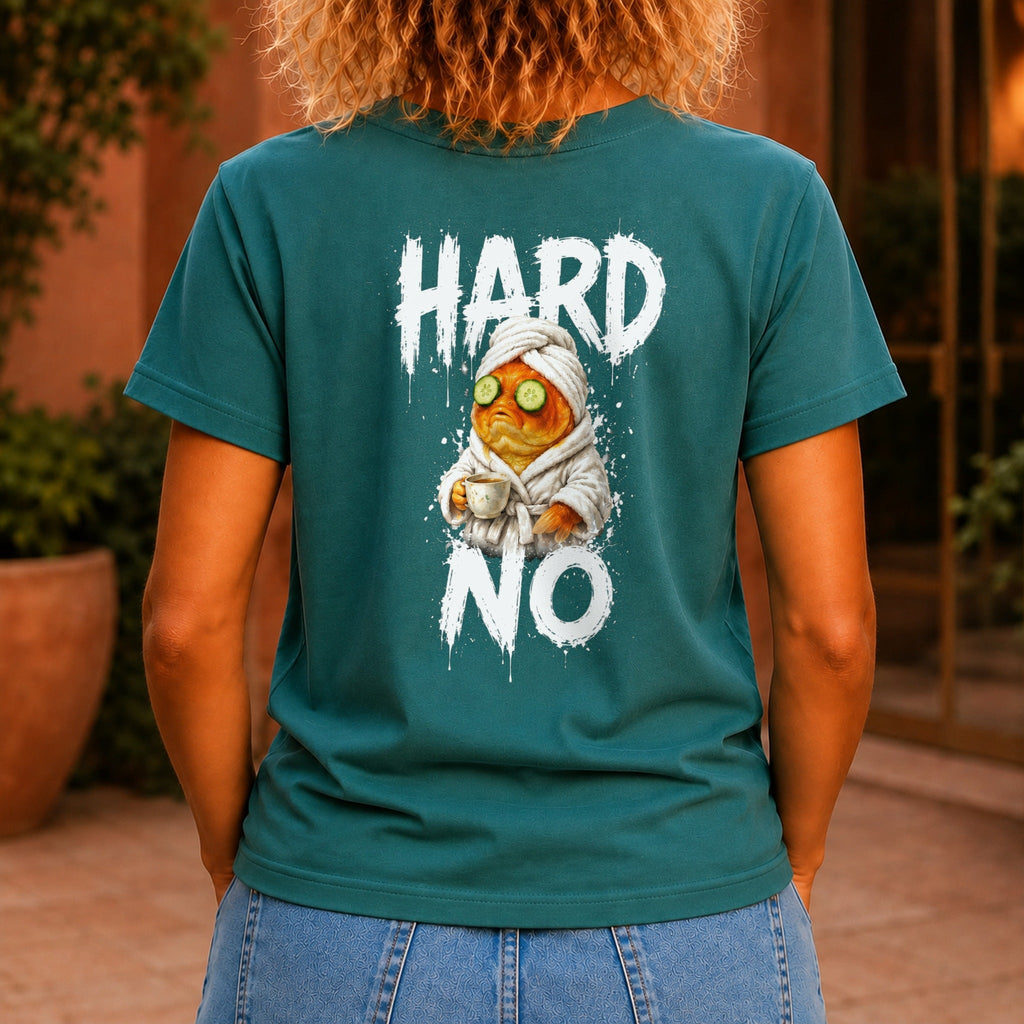 Hard No graphic printed on the back of a jade KRED Threads premium tee