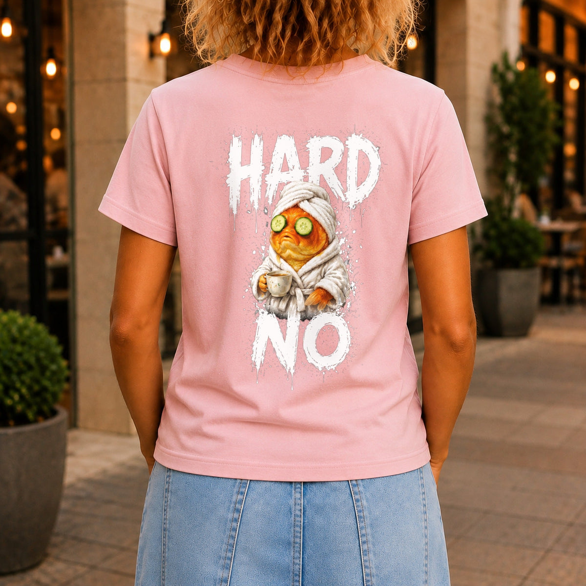 Hard No graphic printed on the back of a pink KRED Threads premium tee