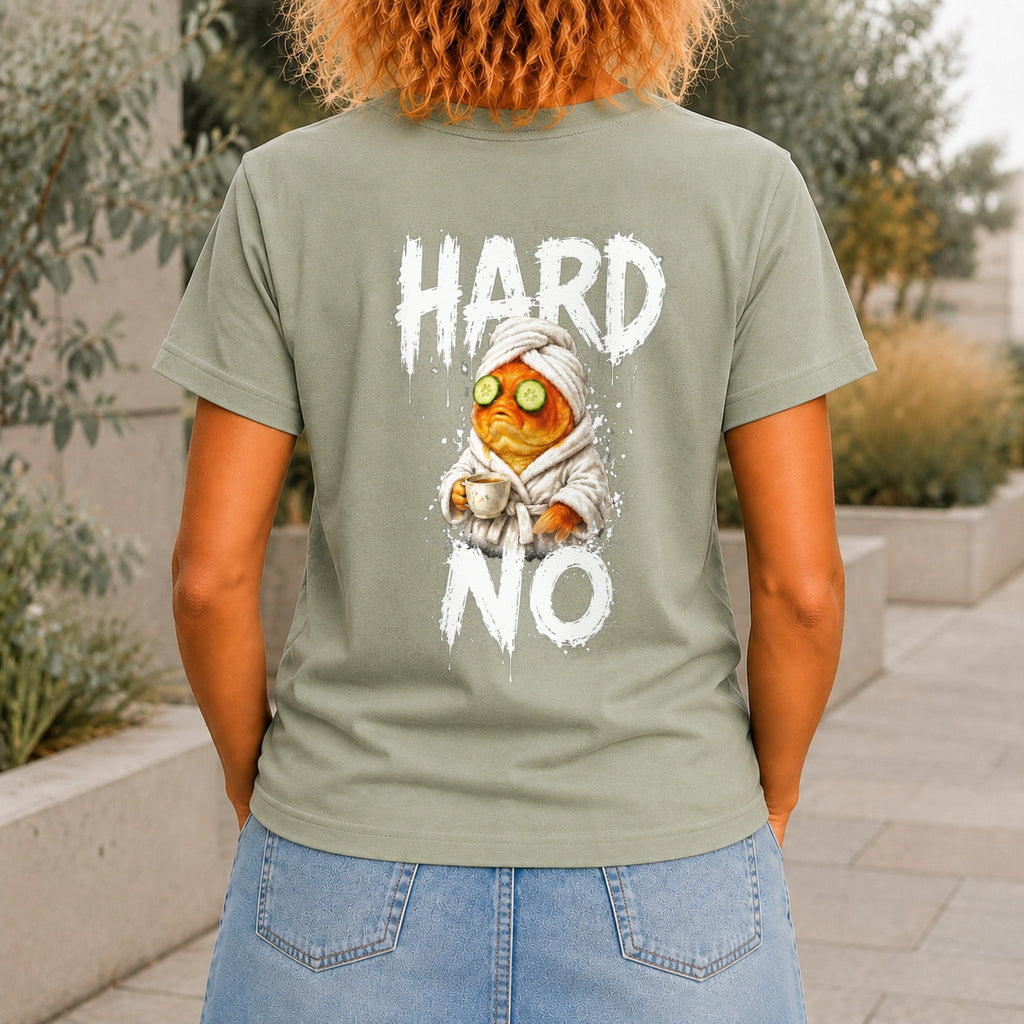 Hard No graphic printed on the back of a sage KRED Threads premium tee