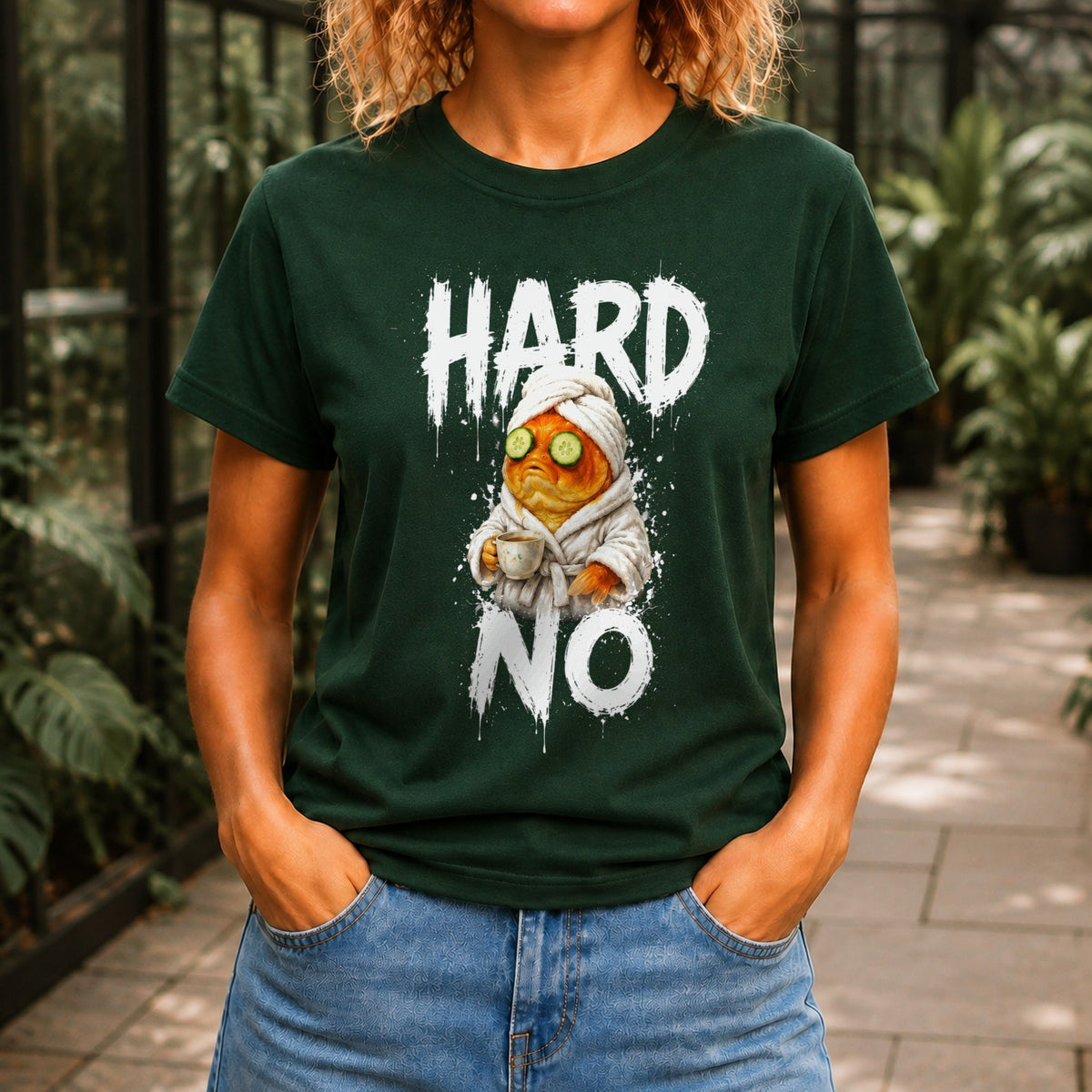 Hard No graphic printed on the front of a forest green KRED Threads premium tee