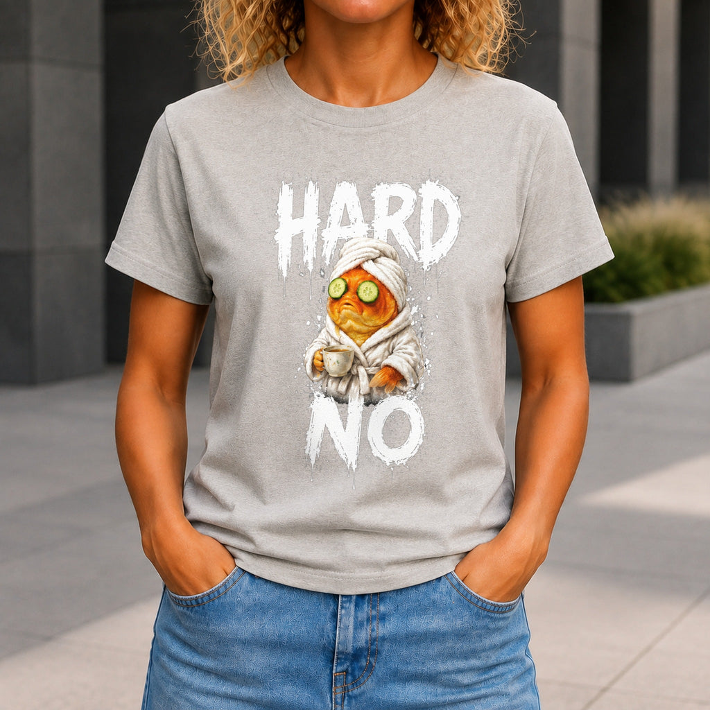 Hard No graphic printed on the front of a grey marble KRED Threads premium tee