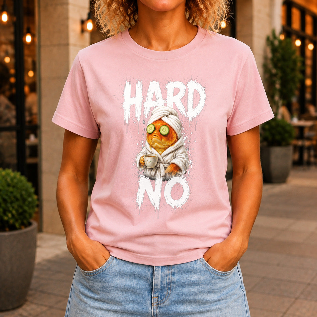 Hard No graphic printed on the front of a pink KRED Threads premium tee