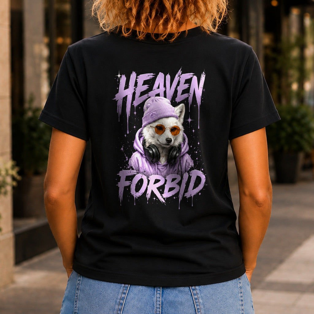 Heaven Forbid graphic printed on the back of a black KRED Threads premium tee