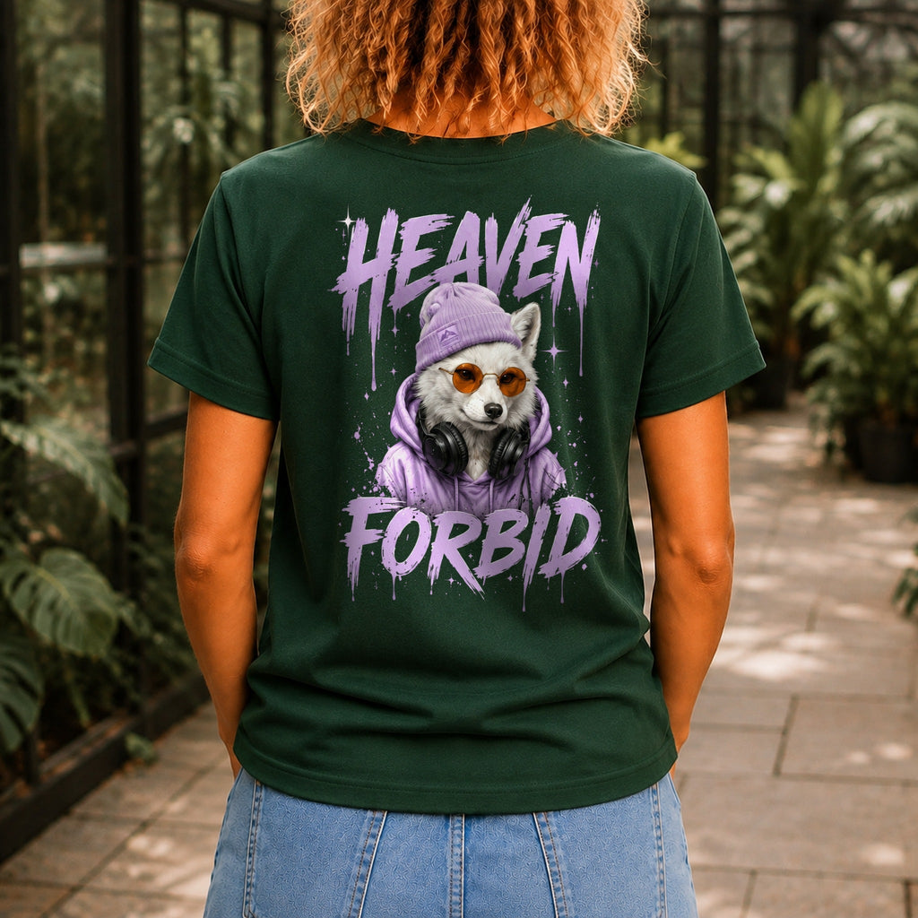 Heaven Forbid graphic printed on the back of a forest green KRED Threads premium tee
