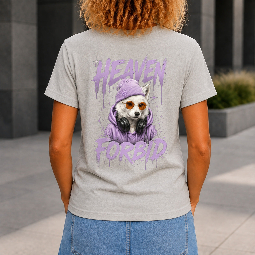 Heaven Forbid graphic printed on the back of a grey marble KRED Threads premium tee