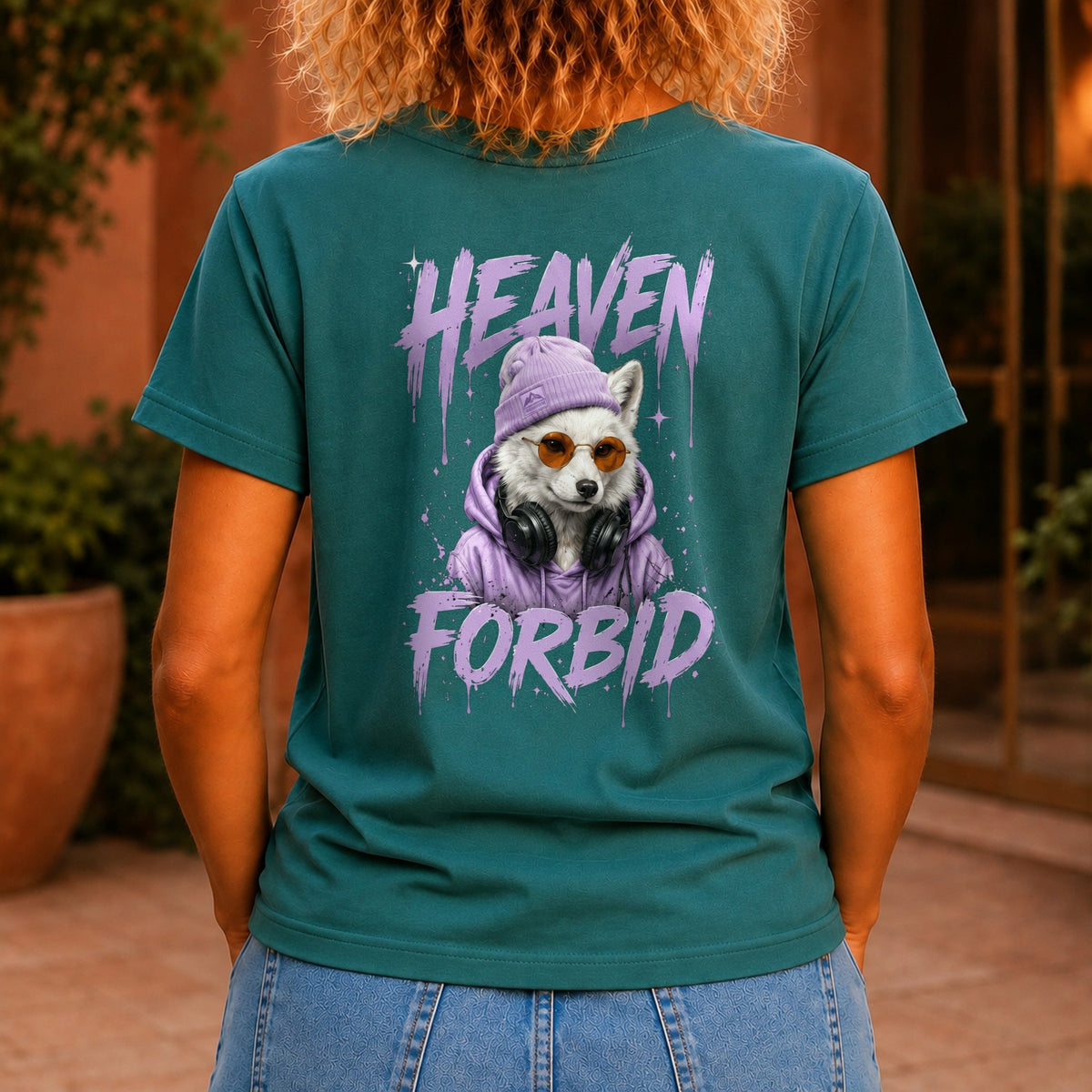 Heaven Forbid graphic printed on the back of a jade KRED Threads premium tee
