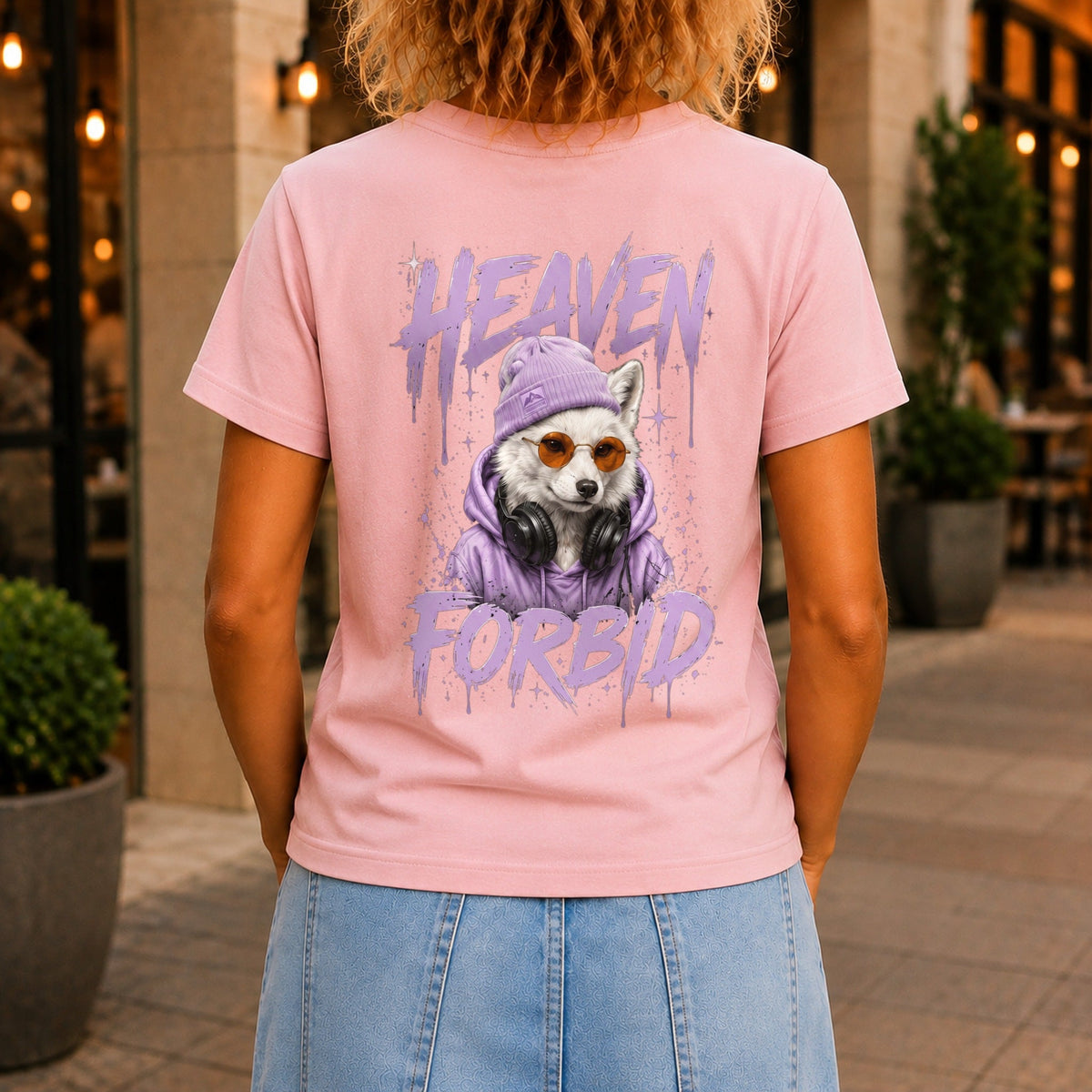 Heaven Forbid graphic printed on the back of a pink KRED Threads premium tee