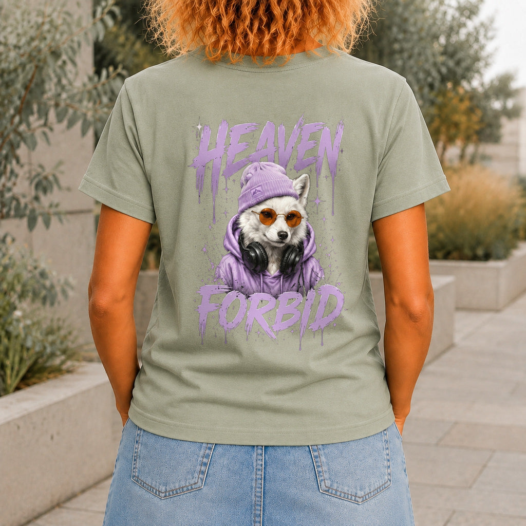 Heaven Forbid graphic printed on the back of a sage KRED Threads premium tee