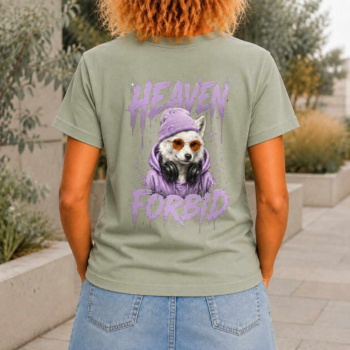 Heaven Forbid graphic printed on the back of a sage KRED Threads premium tee