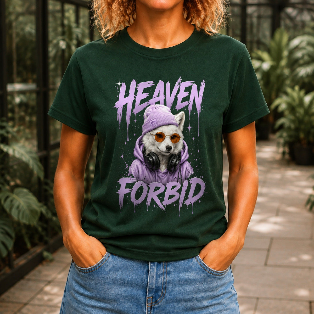 Heaven Forbid graphic printed on the front of a forest green KRED Threads premium tee