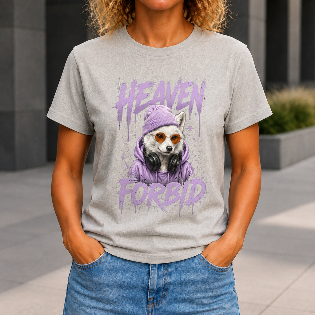 Heaven Forbid graphic printed on the front of a grey marble KRED Threads premium tee