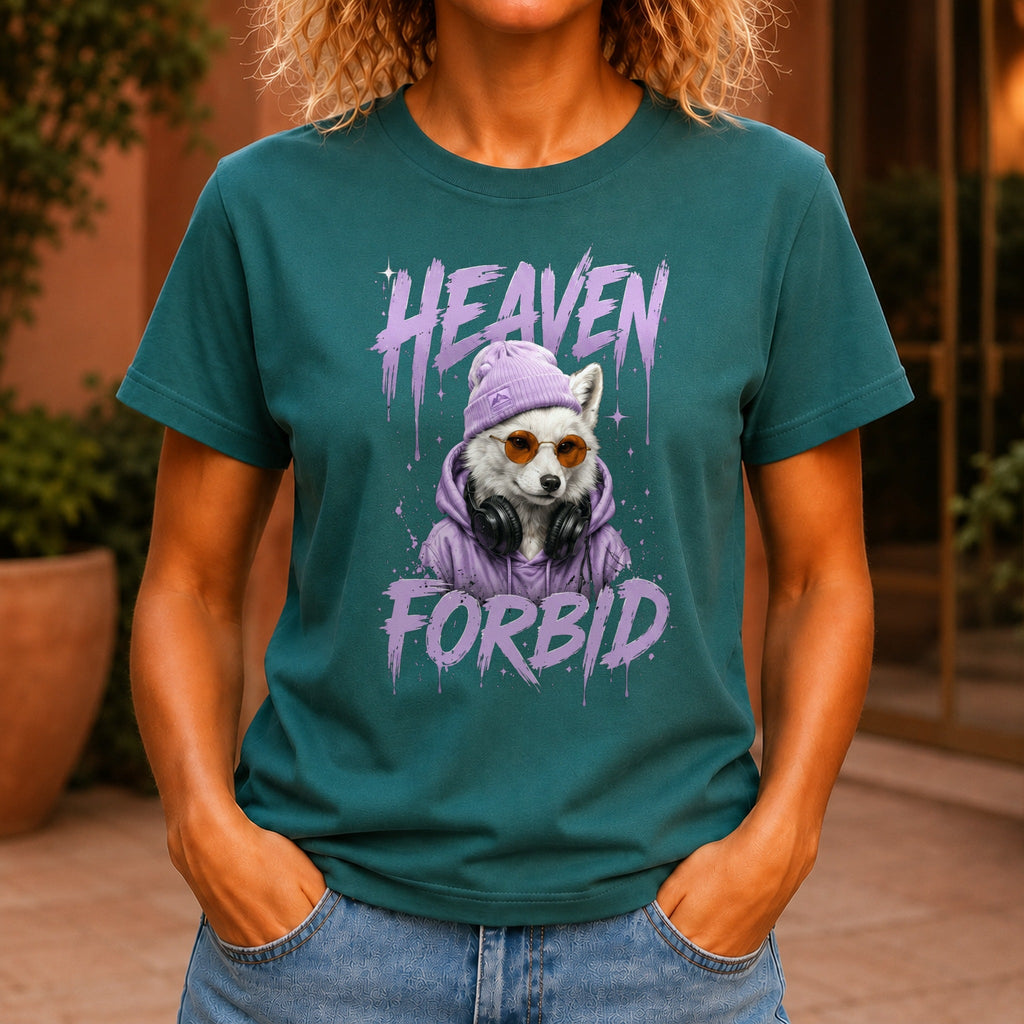 Heaven Forbid graphic printed on the front of a jade KRED Threads premium tee