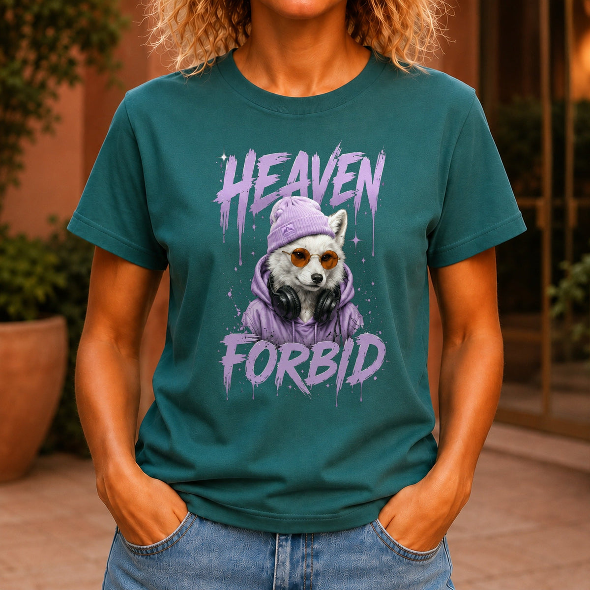 Heaven Forbid graphic printed on the front of a jade KRED Threads premium tee