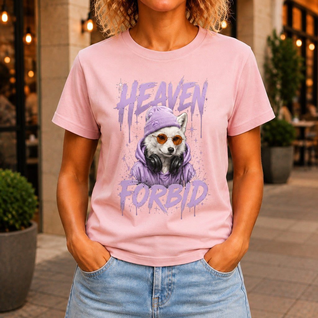 Heaven Forbid graphic printed on the front of a pink KRED Threads premium tee