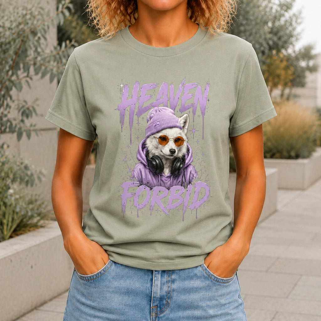 Heaven Forbid graphic printed on the front of a sage KRED Threads premium tee