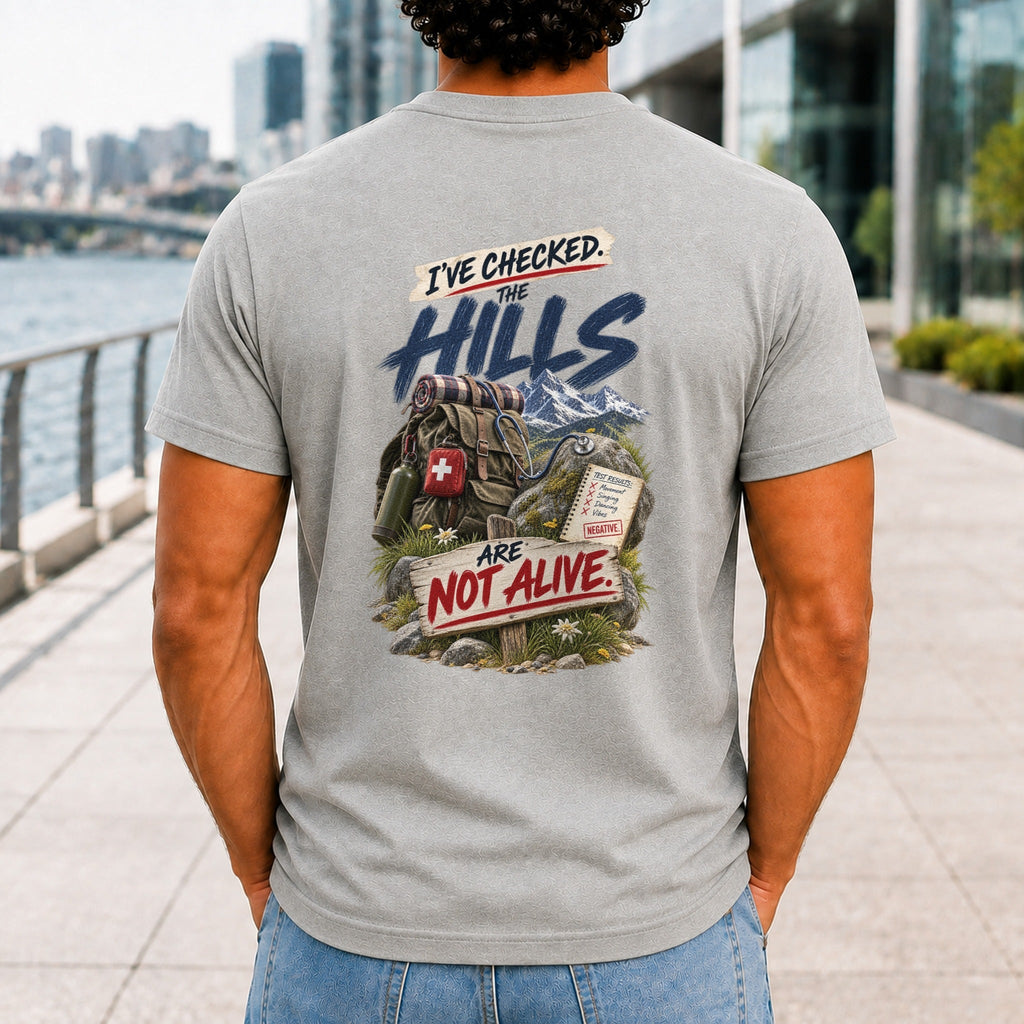The Hills Are Not Alive graphic printed on the back of an athletic heather KRED Threads premium tee