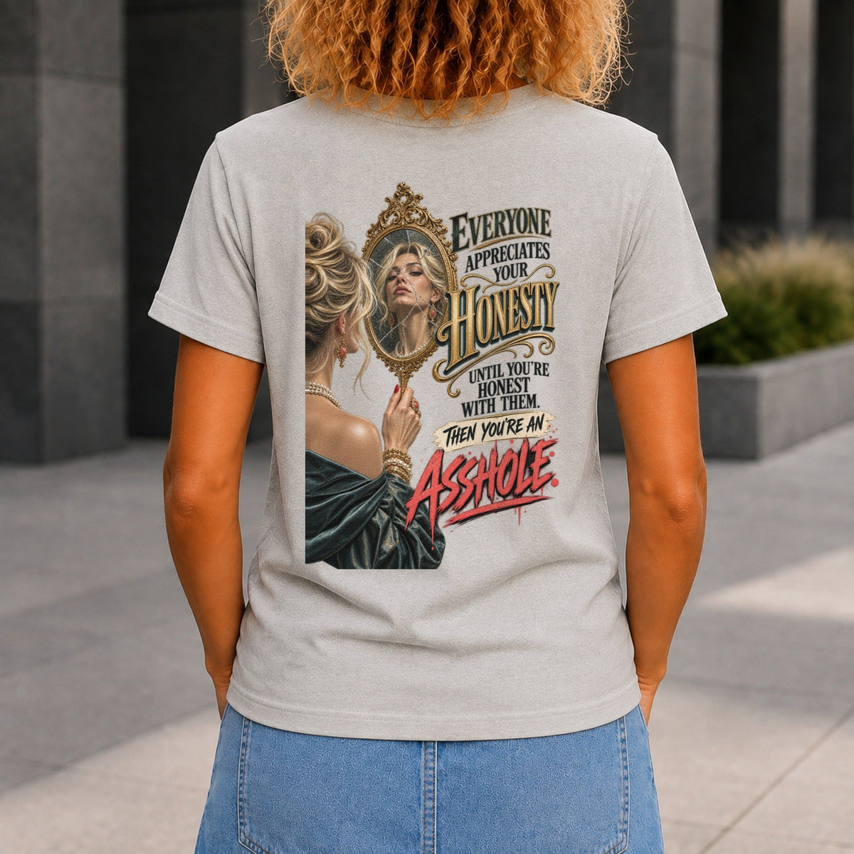 Everyone Appreciates Your Honesty graphic printed on the back of a grey marble KRED Threads premium tee