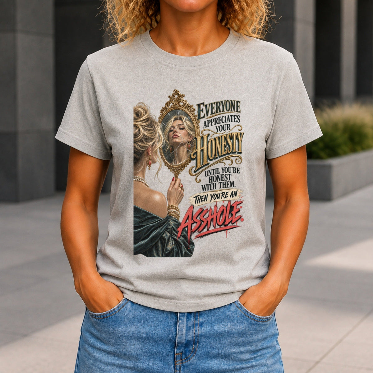 Everyone Appreciates Your Honesty graphic printed on the front of a grey marble KRED Threads premium tee