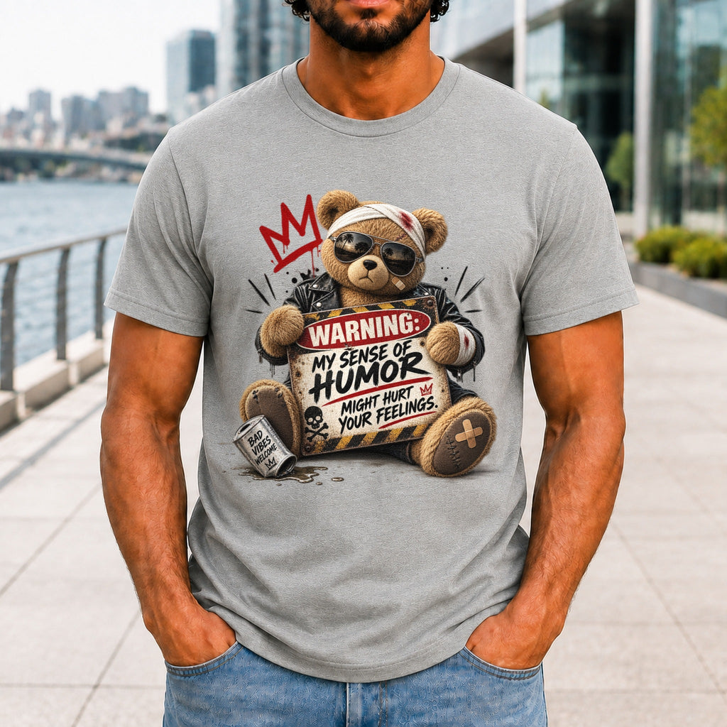 My Sense Of Humor Might Hurt Your Feelings graphic printed on the front of an athletic heather KRED Threads premium tee