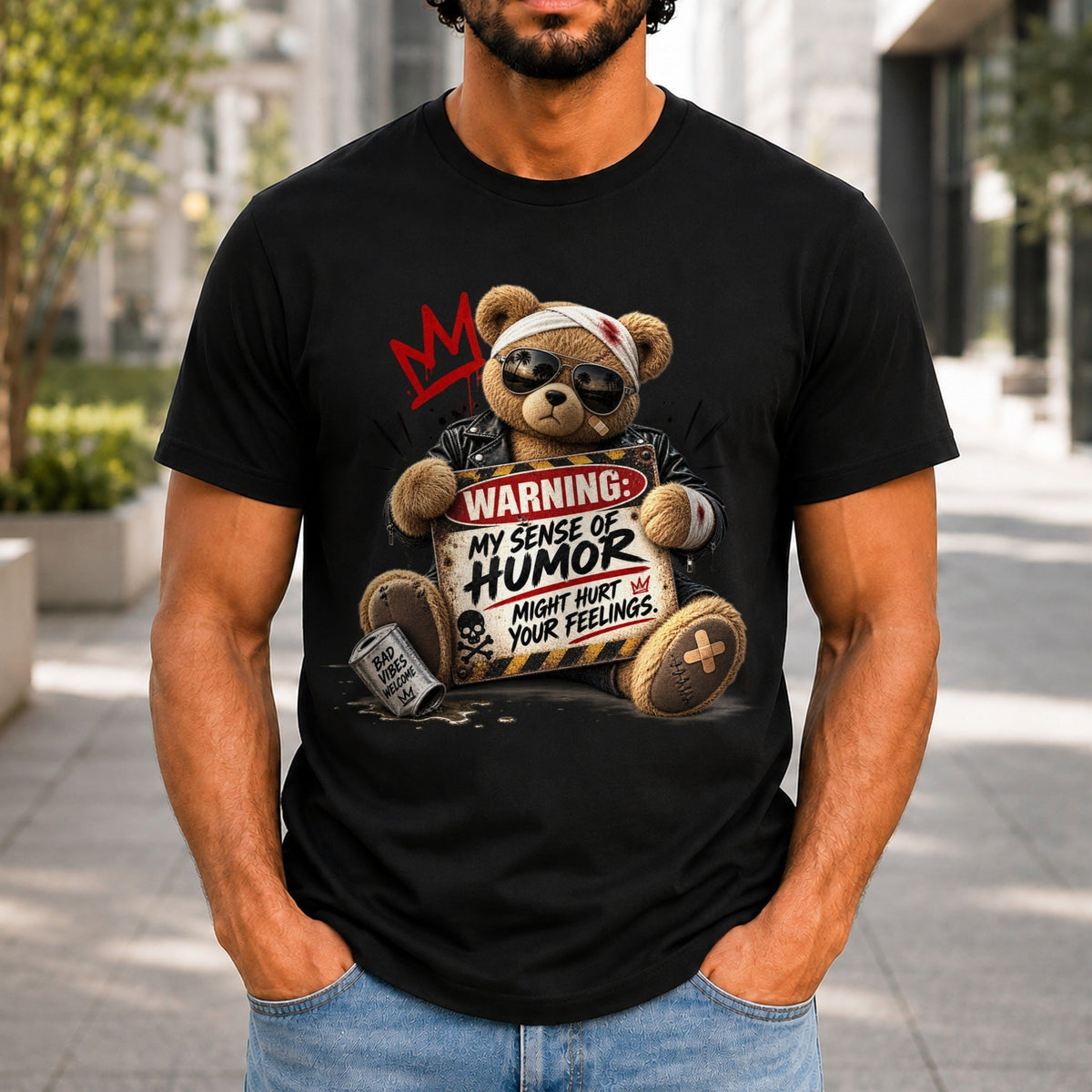 My Sense Of Humor Might Hurt Your Feelings graphic printed on the front of a black KRED Threads premium tee