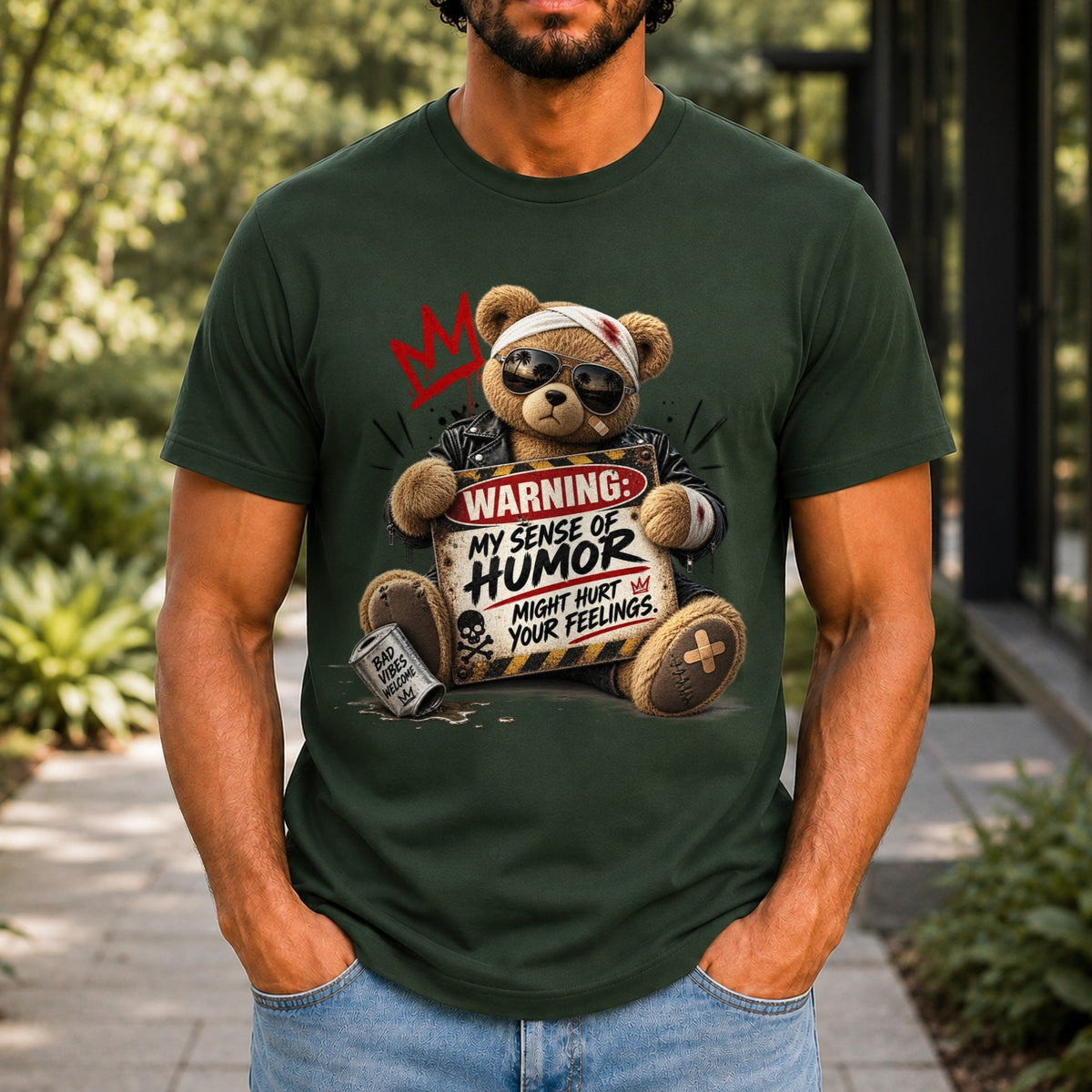 My Sense Of Humor Might Hurt Your Feelings graphic printed on the front of a forest green KRED Threads premium tee