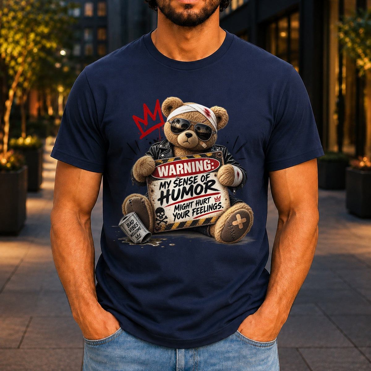 My Sense Of Humor Might Hurt Your Feelings graphic printed on the front of a navy KRED Threads premium tee