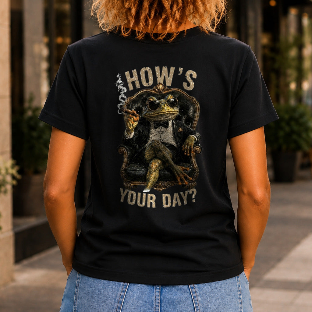 How's Your Day graphic printed on the back of a black KRED Threads premium tee