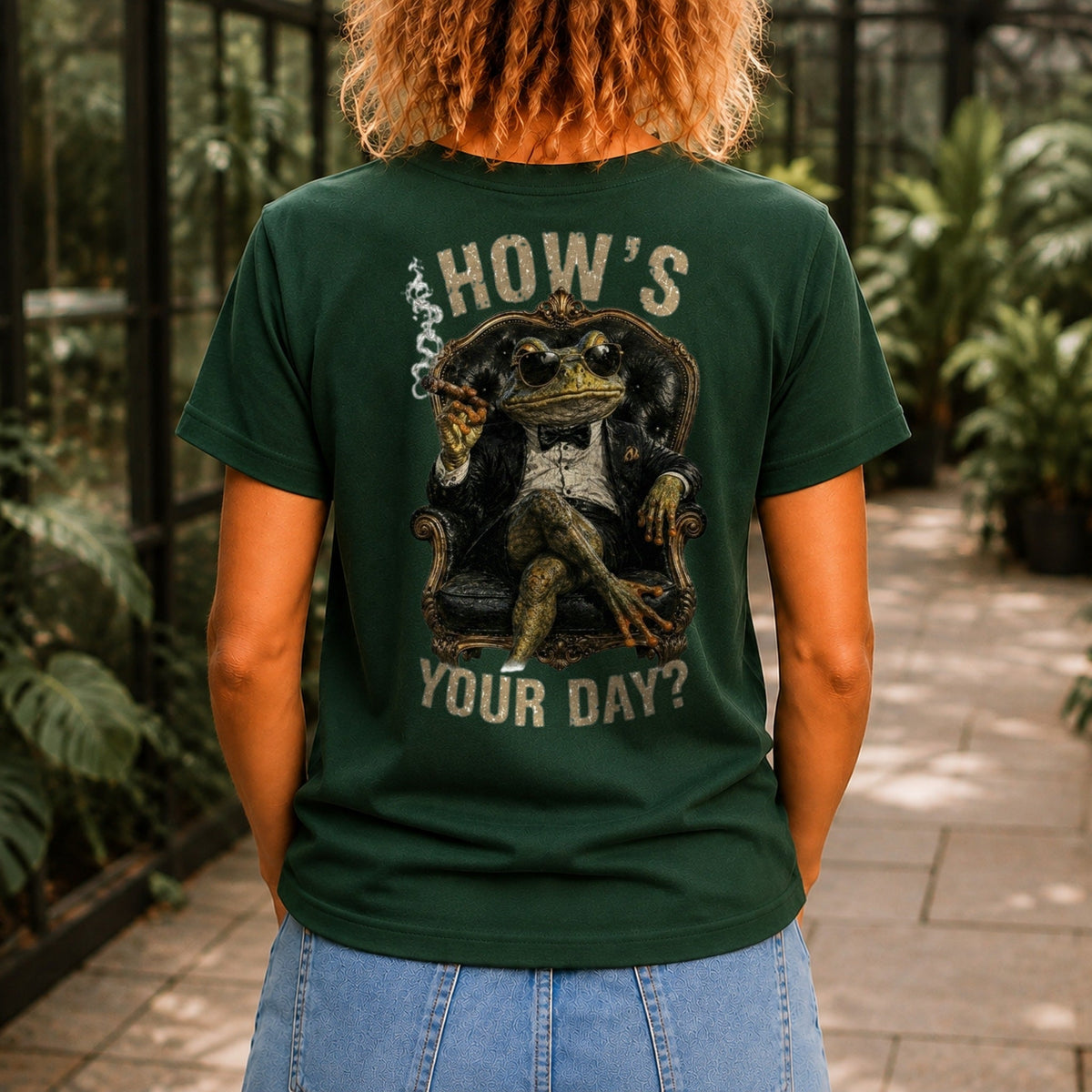 How's Your Day graphic printed on the back of a forest green KRED Threads premium tee