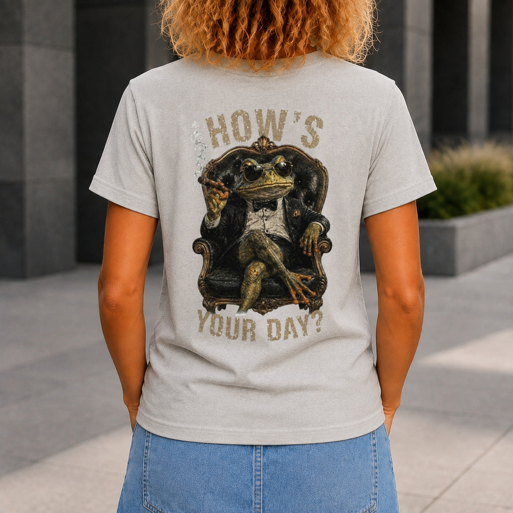 How's Your Day graphic printed on the back of a grey marble KRED Threads premium tee