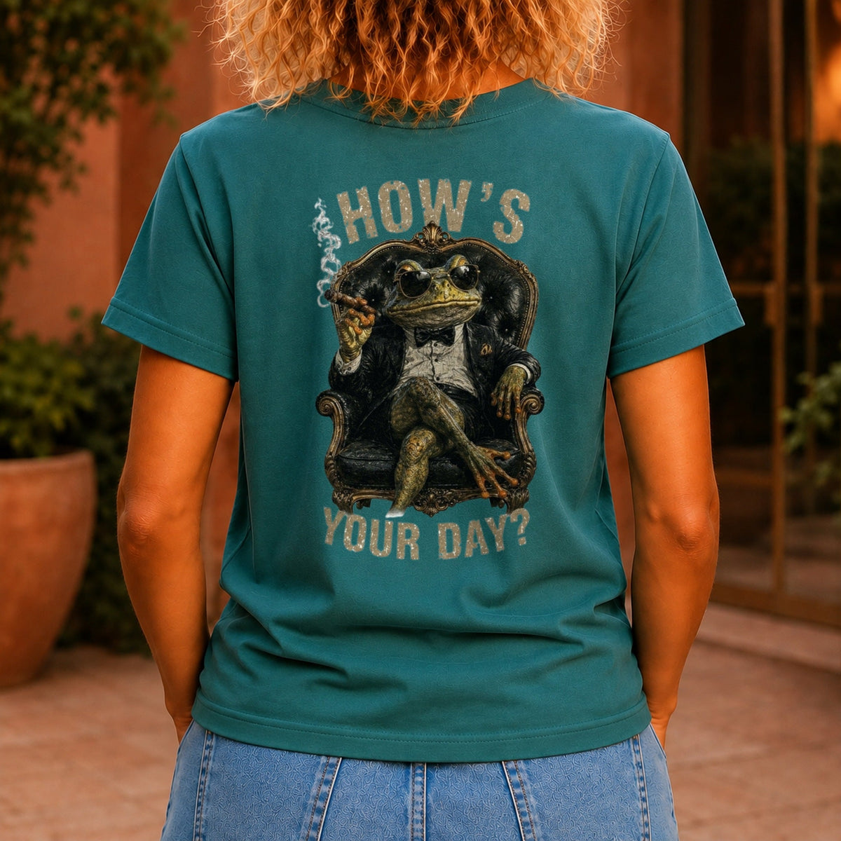 How's Your Day graphic printed on the back of a jade KRED Threads premium tee