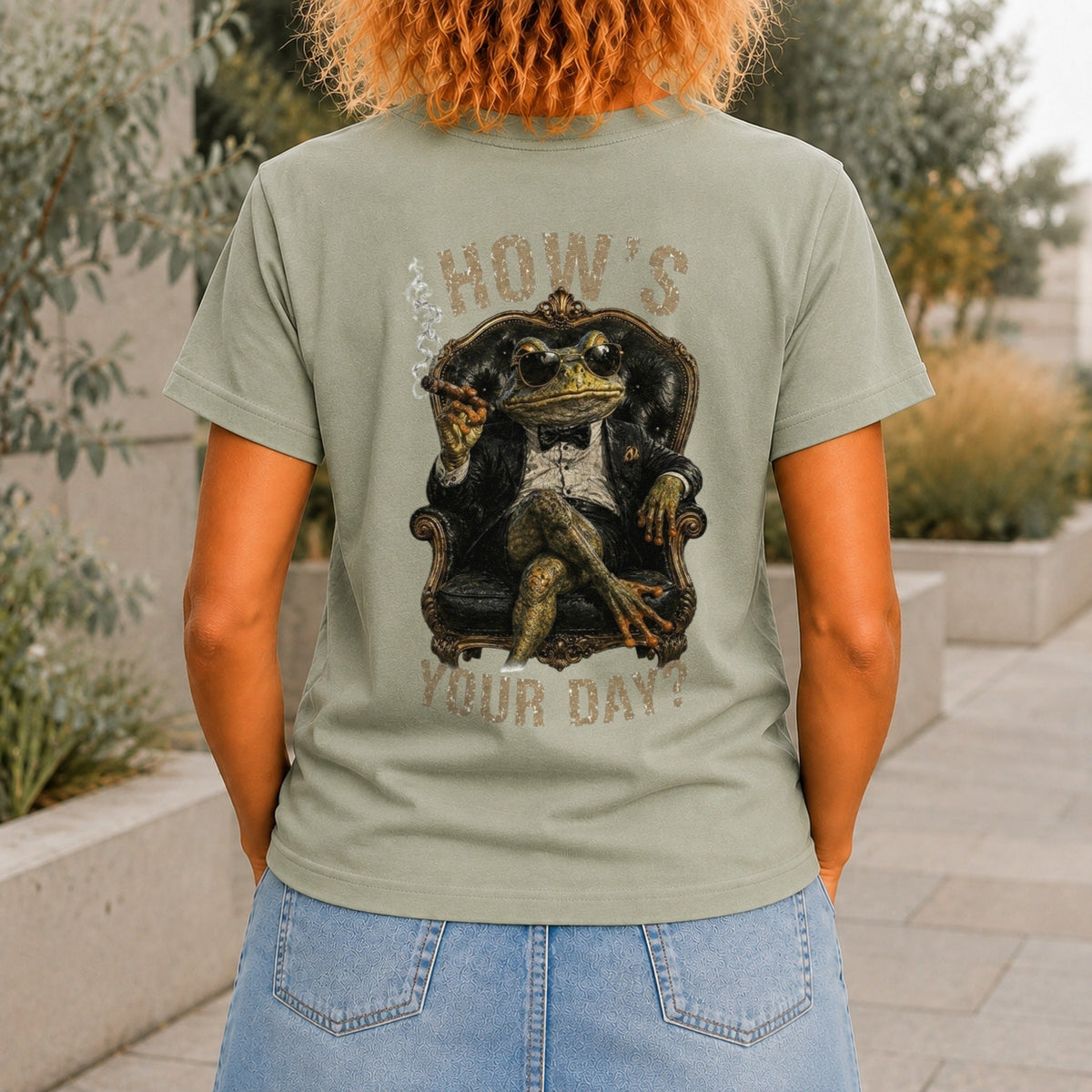 How's Your Day graphic printed on the back of a sage KRED Threads premium tee