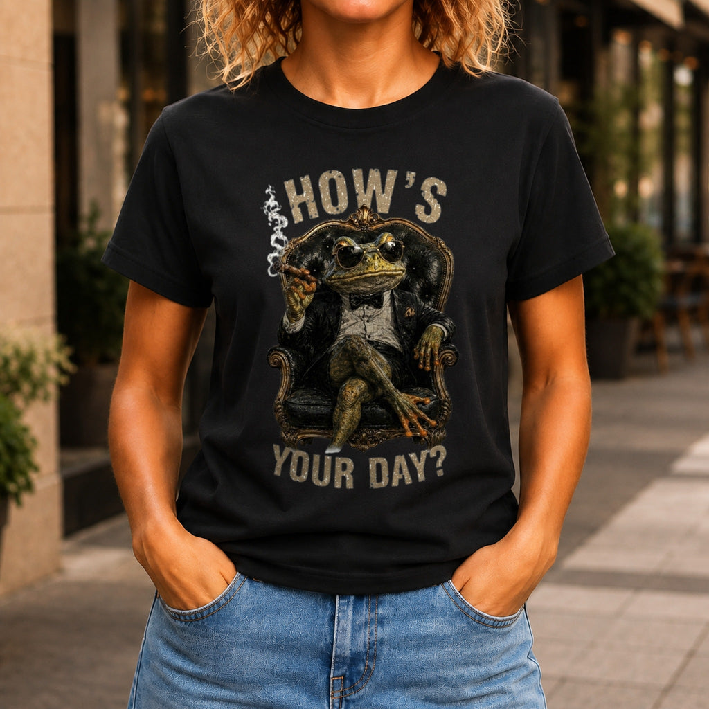 How's Your Day graphic printed on the front of a black KRED Threads premium tee