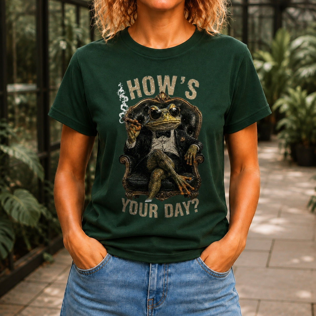 How's Your Day graphic printed on the front of a forest green KRED Threads premium tee
