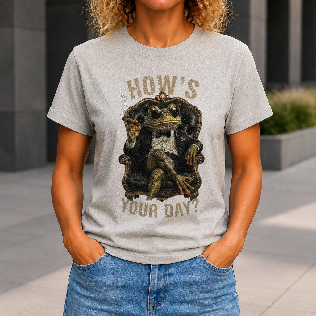 How's Your Day graphic printed on the front of a grey marble KRED Threads premium tee