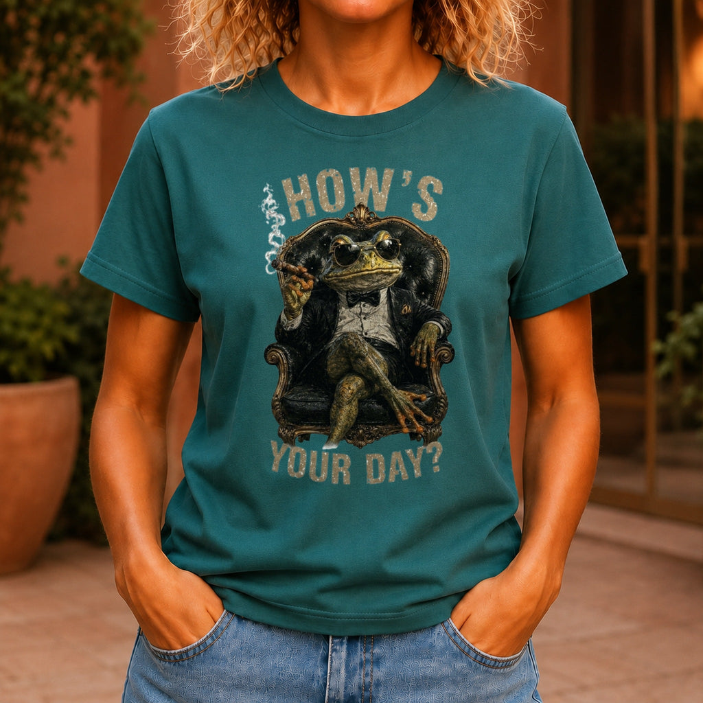 How's Your Day graphic printed on the front of a jade KRED Threads premium tee