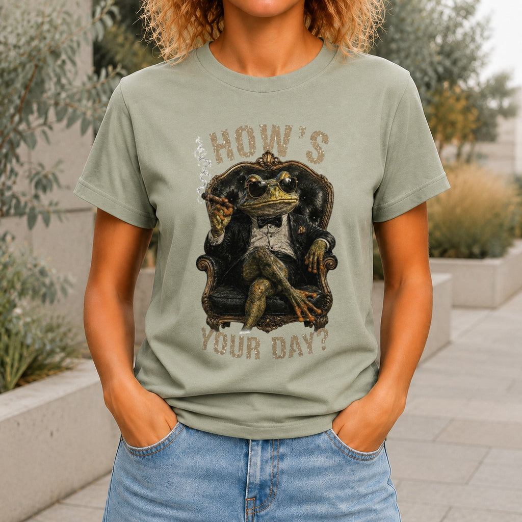 How's Your Day graphic printed on the front of a sage KRED Threads premium tee
