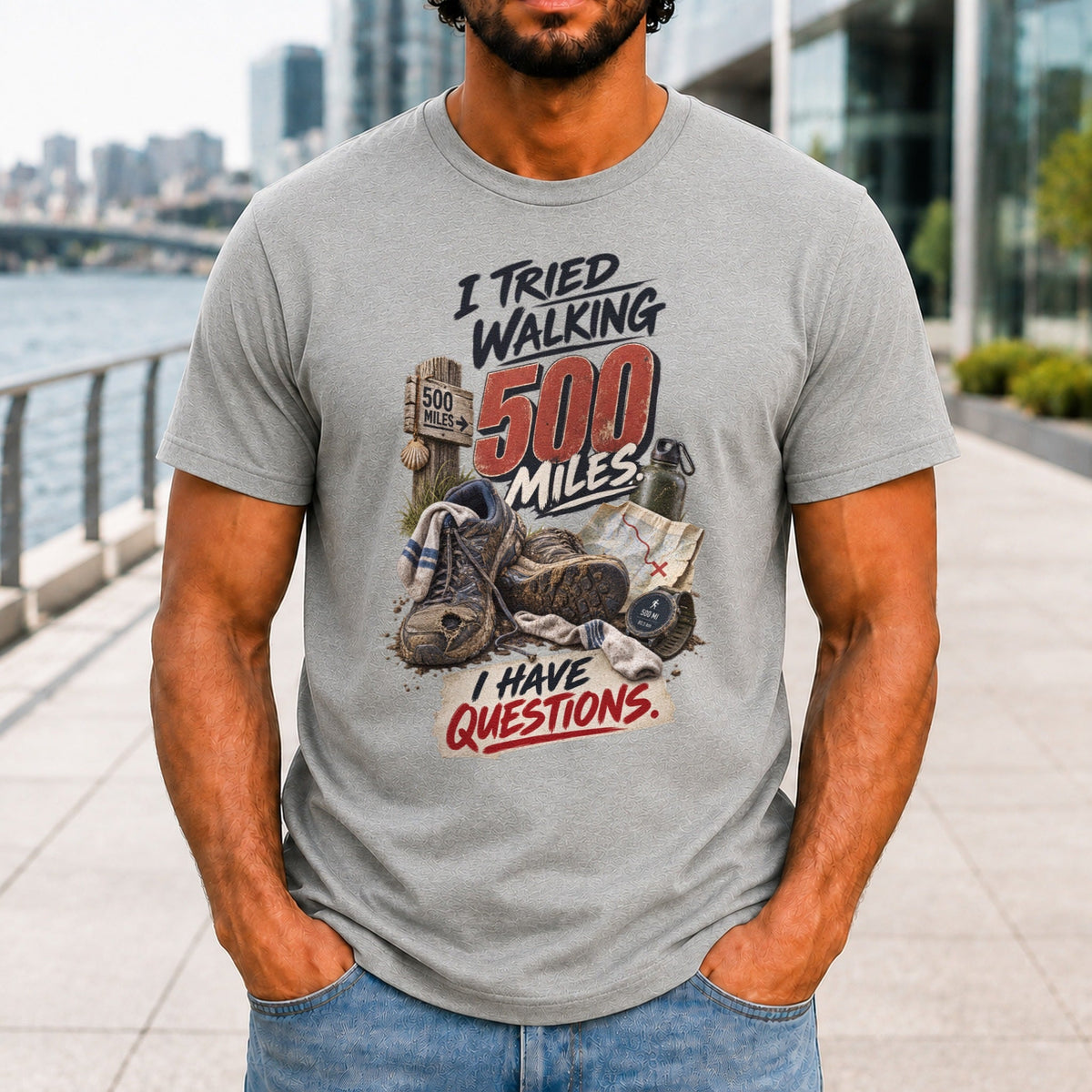 I Tried Walking 500 Miles graphic printed on the front of an athletic heather KRED Threads premium tee