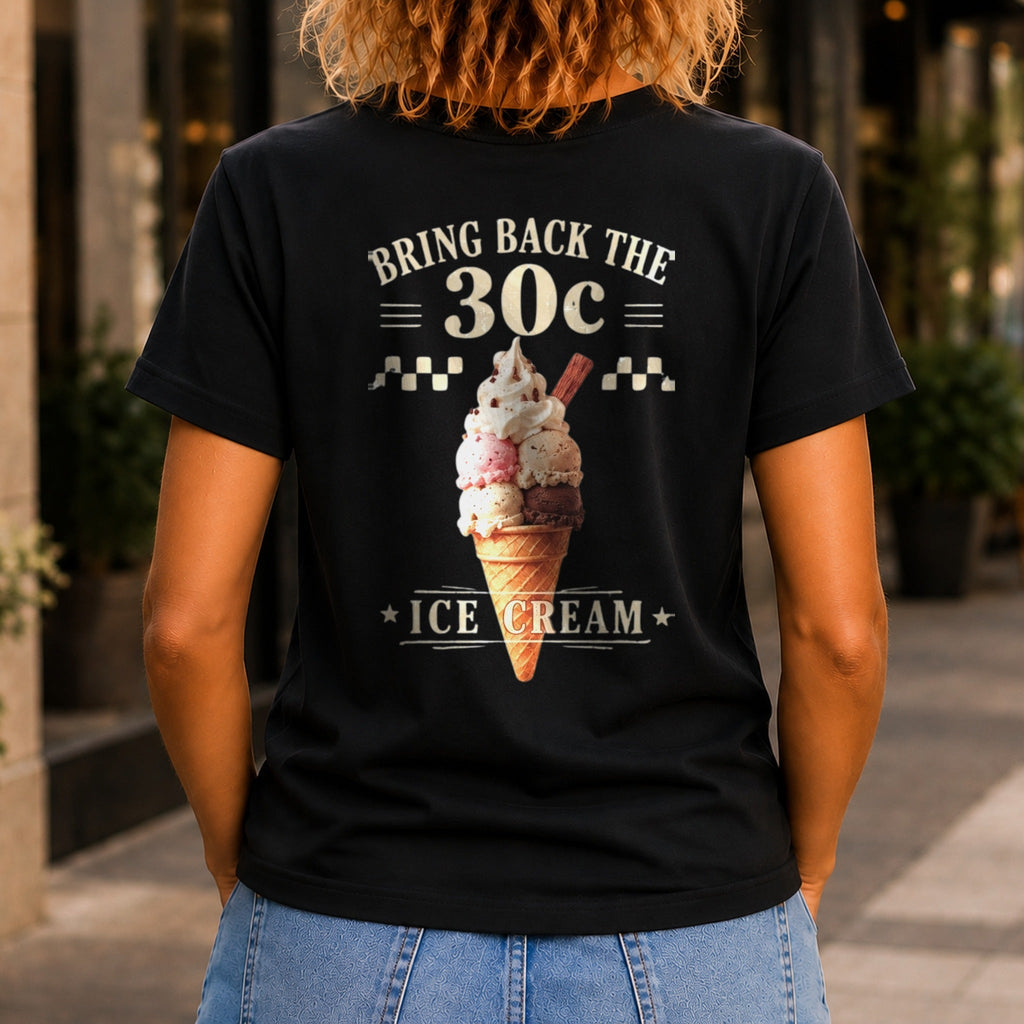 Bring Back The 30c Ice Cream graphic printed on the back of a black KRED Threads premium tee