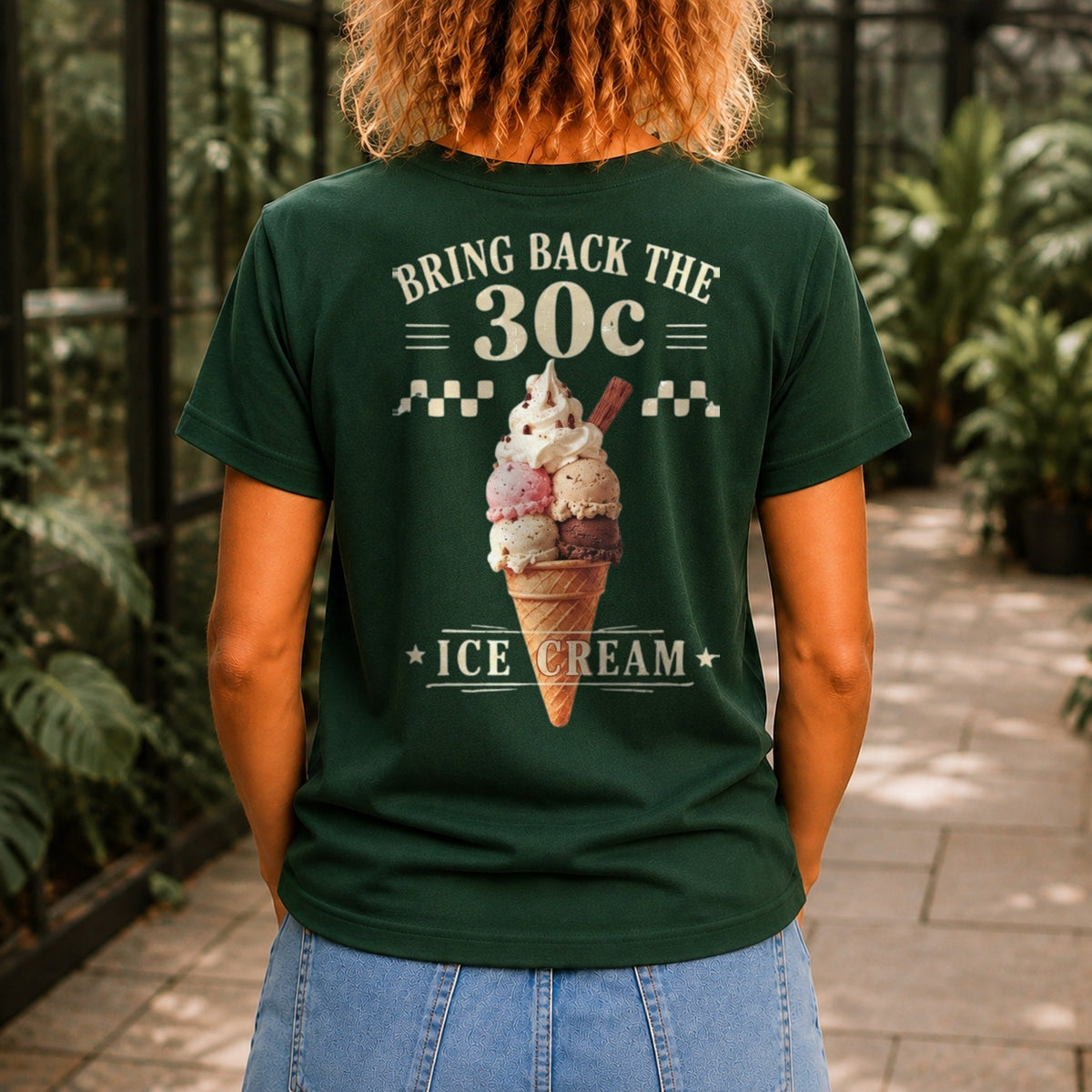 Bring Back The 30c Ice Cream graphic printed on the back of a forest green KRED Threads premium tee
