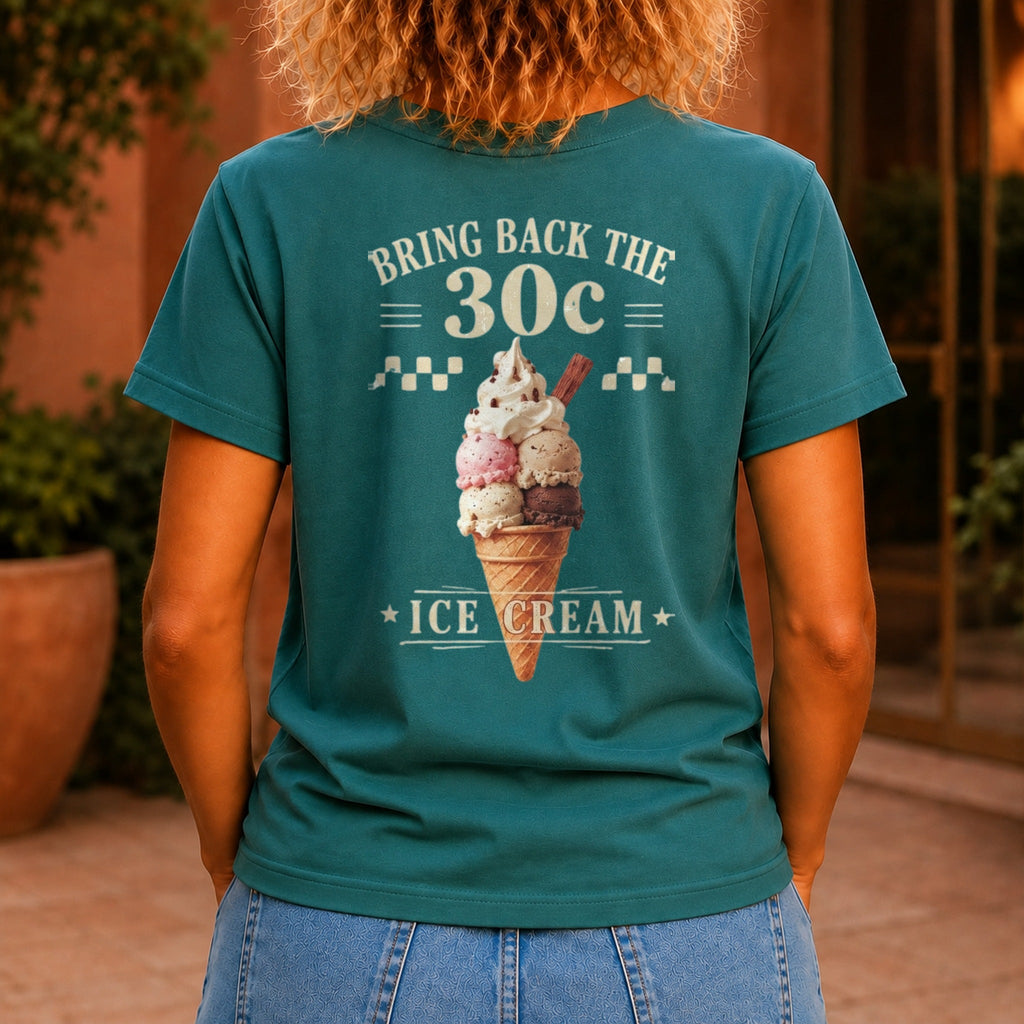 Bring Back The 30c Ice Cream graphic printed on the back of a jade KRED Threads premium tee