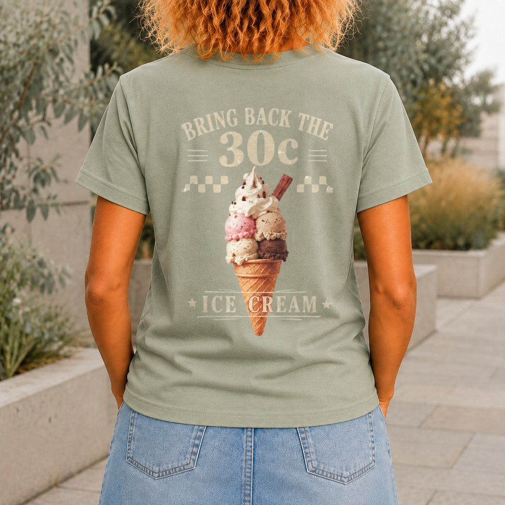 Bring Back The 30c Ice Cream graphic printed on the back of a sage KRED Threads premium tee
