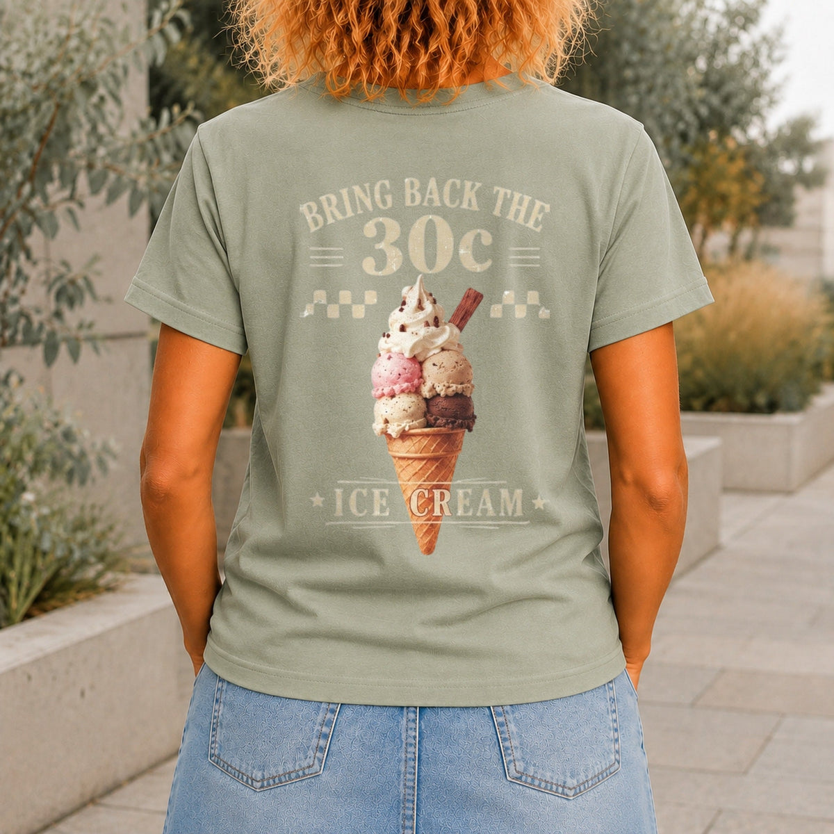 Bring Back The 30c Ice Cream graphic printed on the back of a sage KRED Threads premium tee