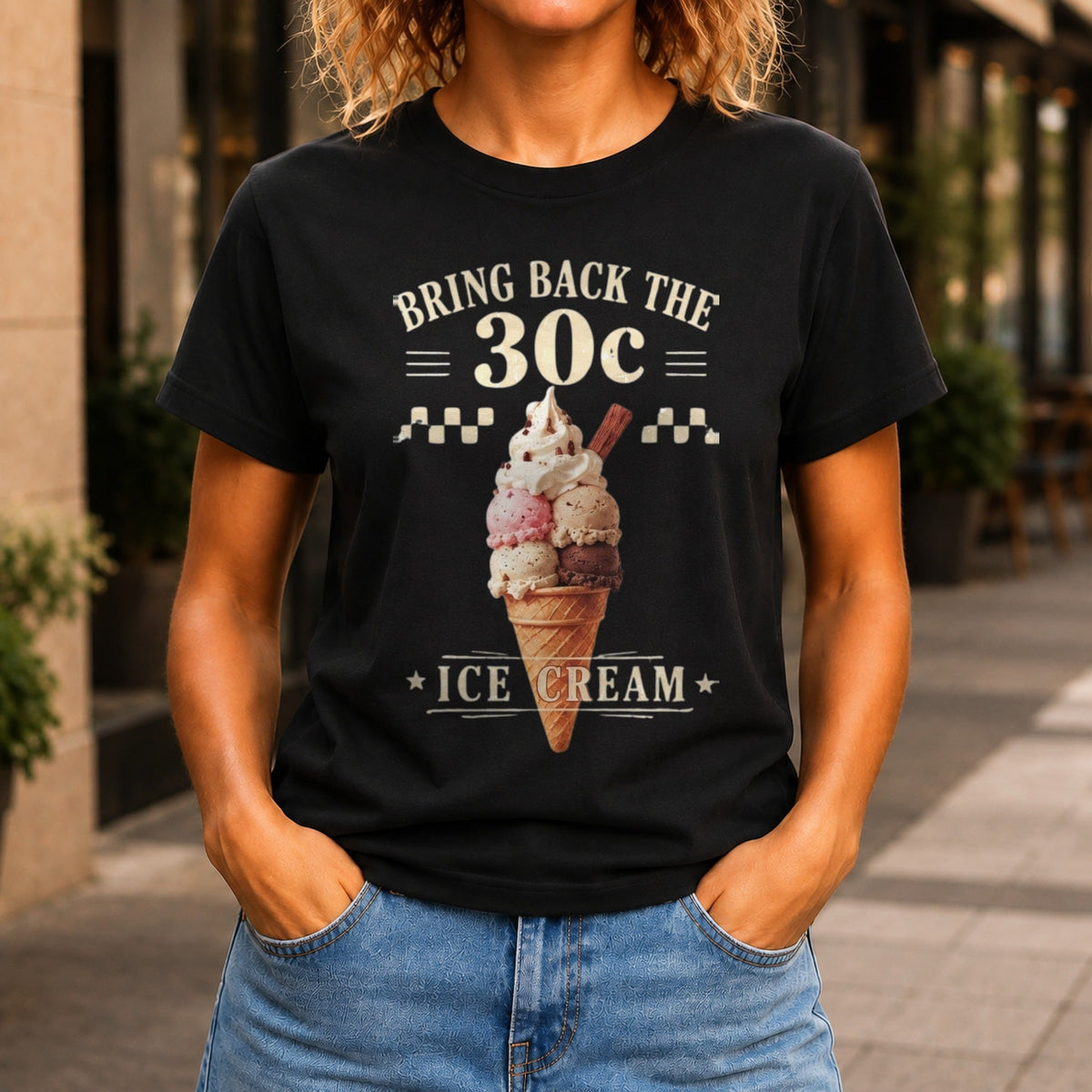 Bring Back The 30c Ice Cream graphic printed on the front of a black KRED Threads premium tee