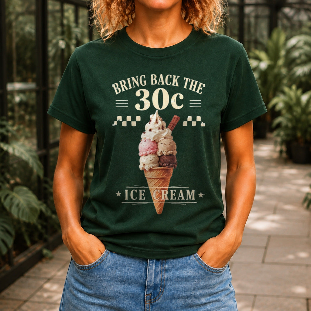 Bring Back The 30c Ice Cream graphic printed on the front of a forest green KRED Threads premium tee