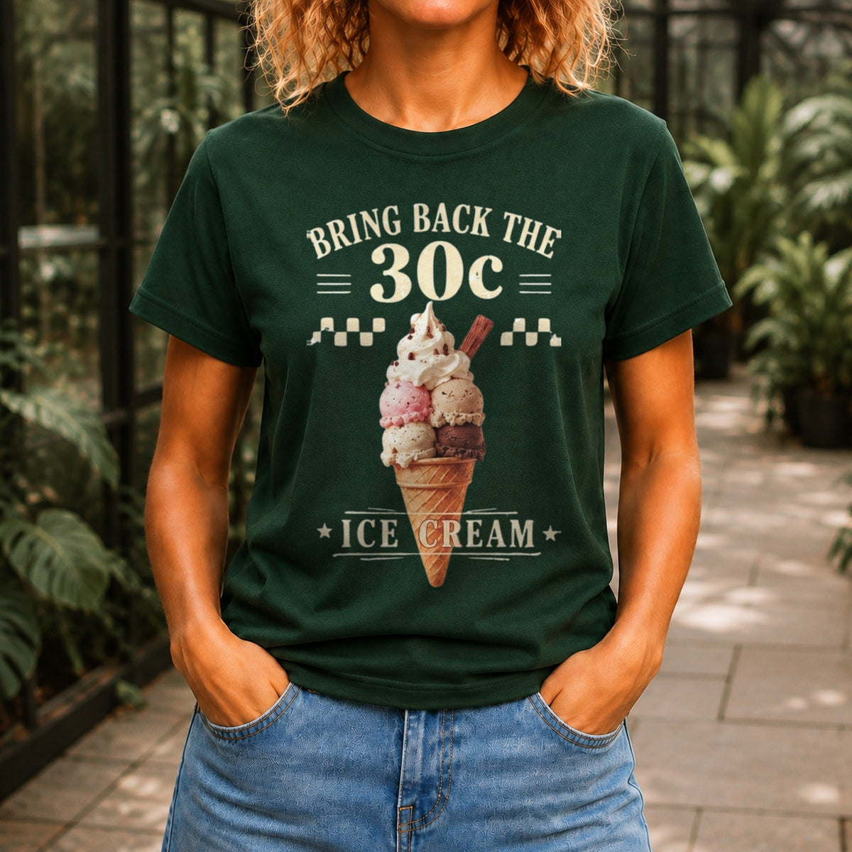 Bring Back The 30c Ice Cream graphic printed on the front of a forest green KRED Threads premium tee