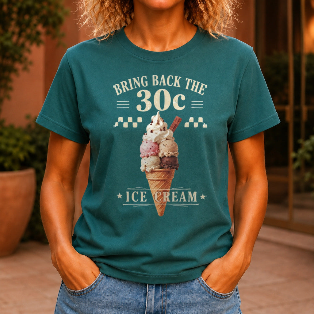 Bring Back The 30c Ice Cream graphic printed on the front of a jade KRED Threads premium tee