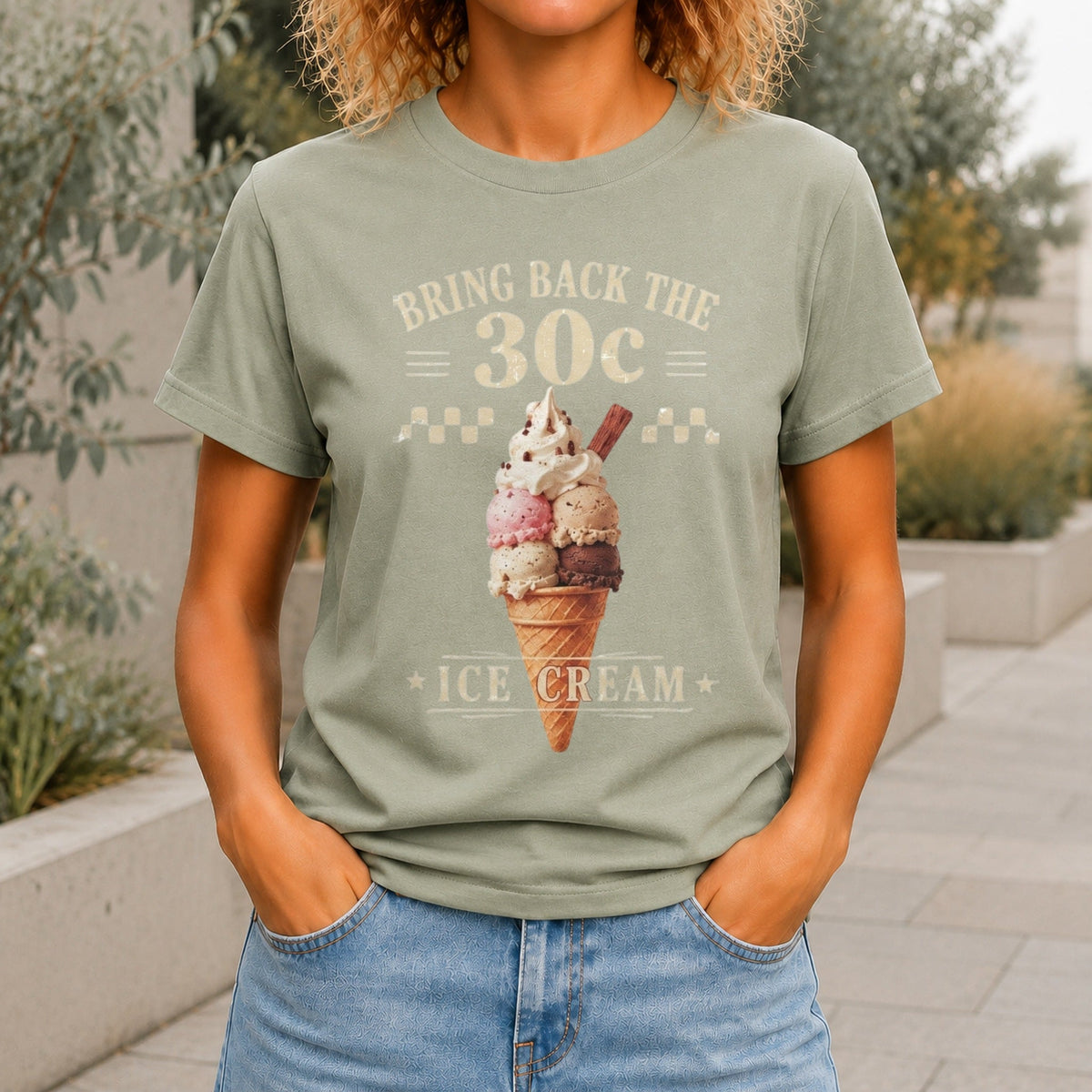Bring Back The 30c Ice Cream graphic printed on the front of a sage KRED Threads premium tee