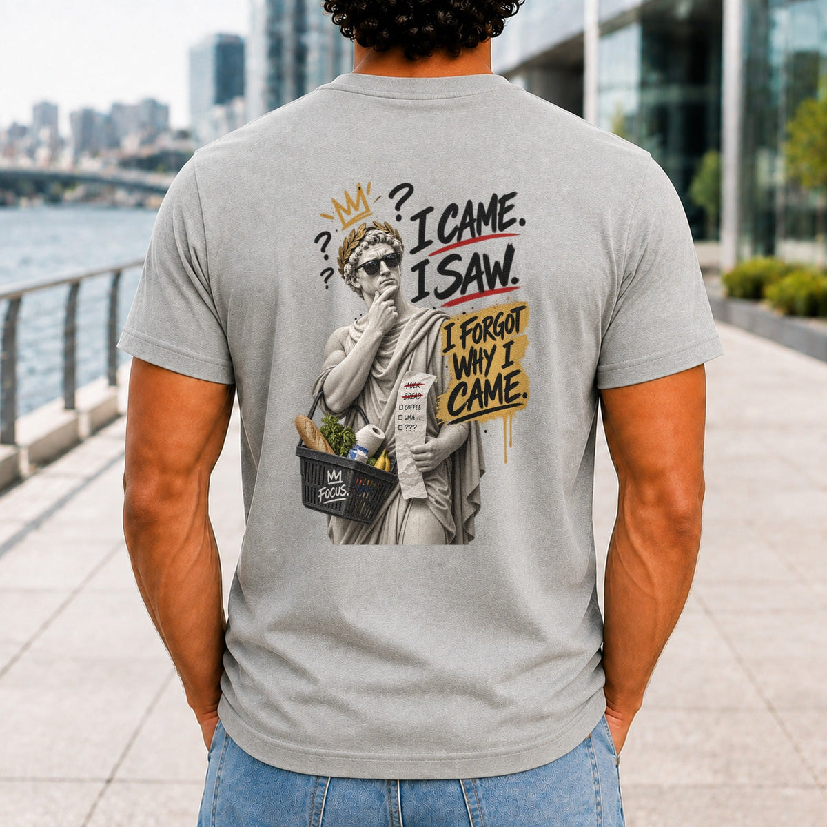 I Came, I Saw, I Forgot Why I Came graphic printed on the back of an athletic heather KRED Threads premium tee