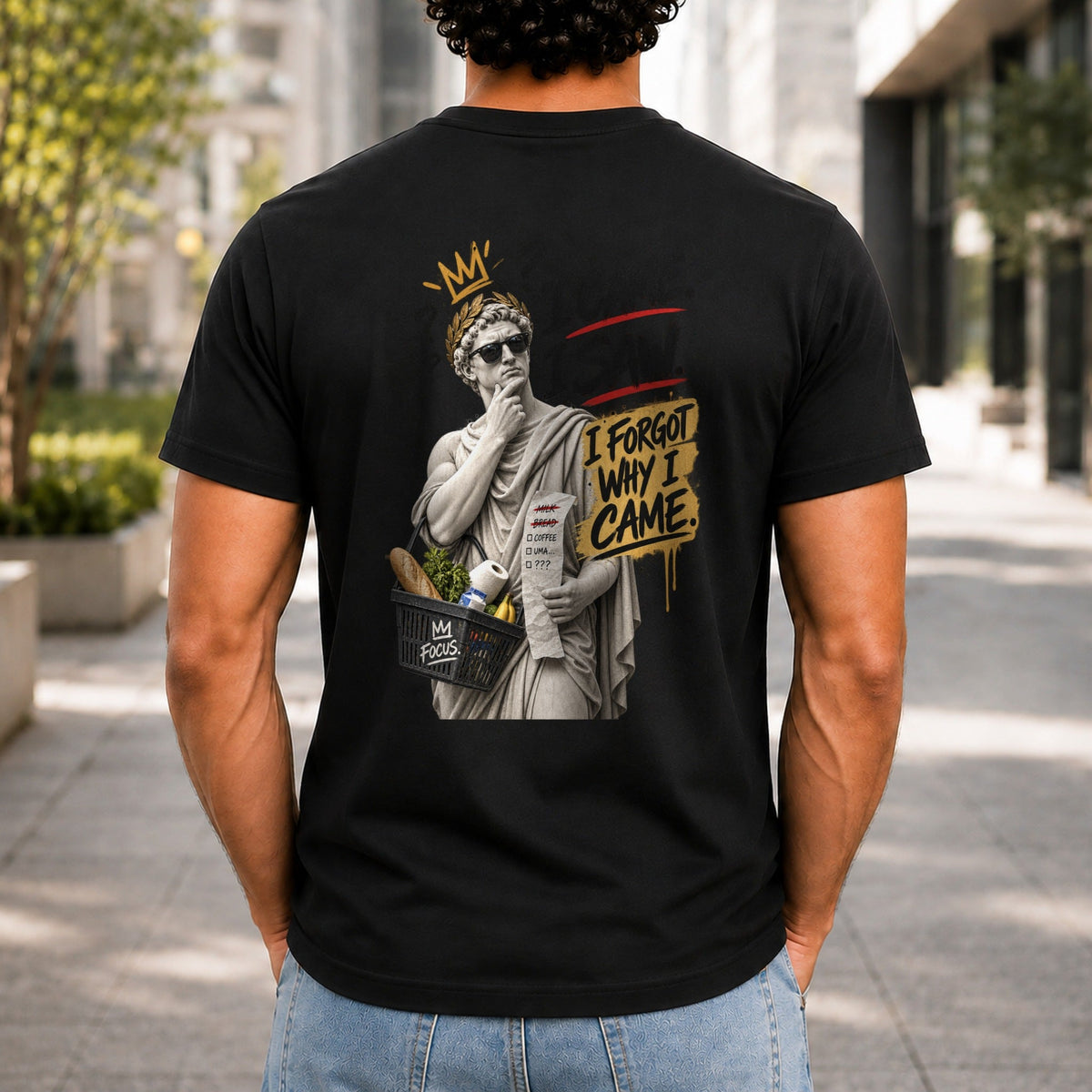 I Came, I Saw, I Forgot Why I Came graphic printed on the back of a black KRED Threads premium tee